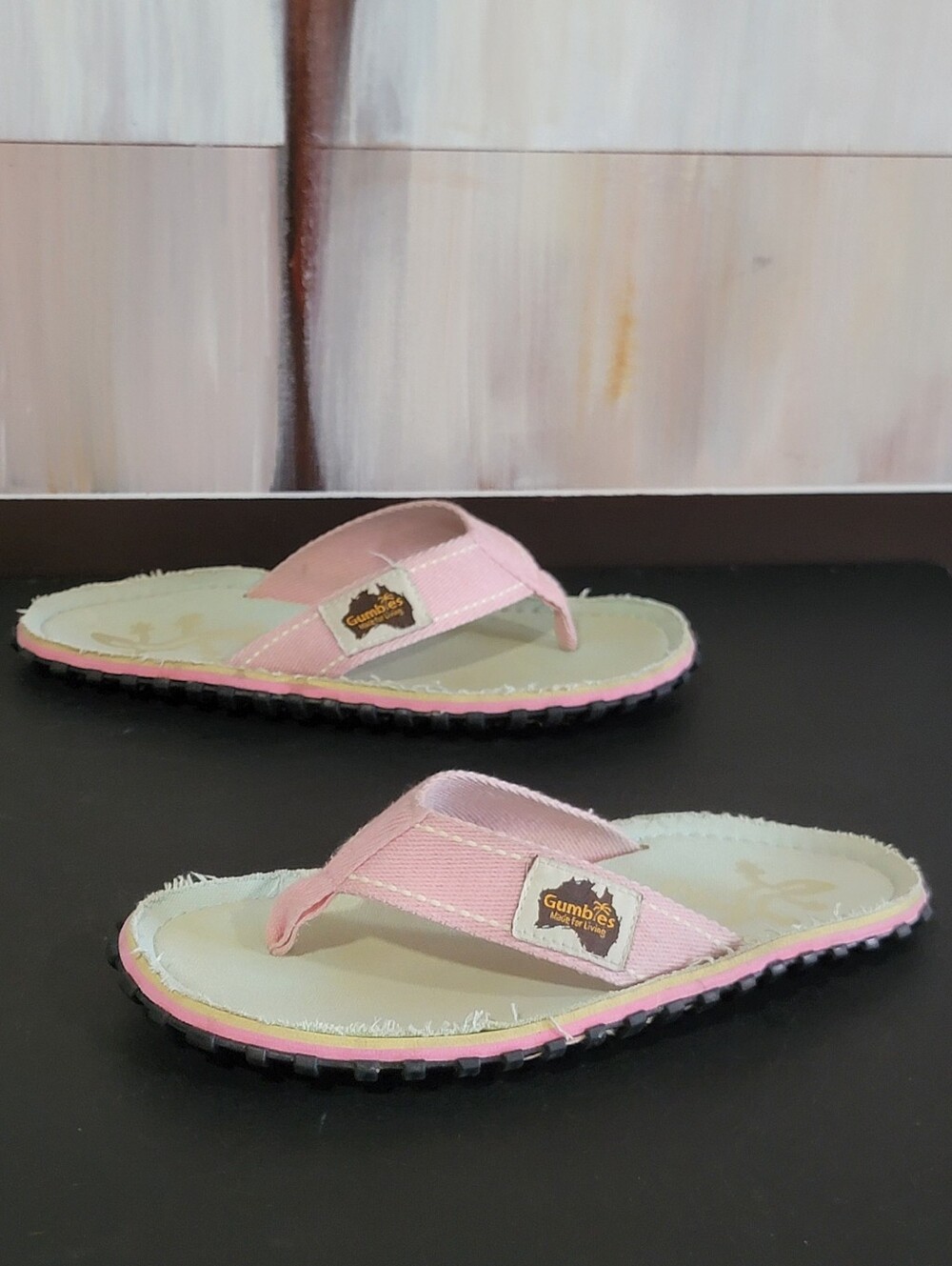 Gumbies Pink/Beige/Black Flip Flop Sandals Logo Fabric Rubber US 6